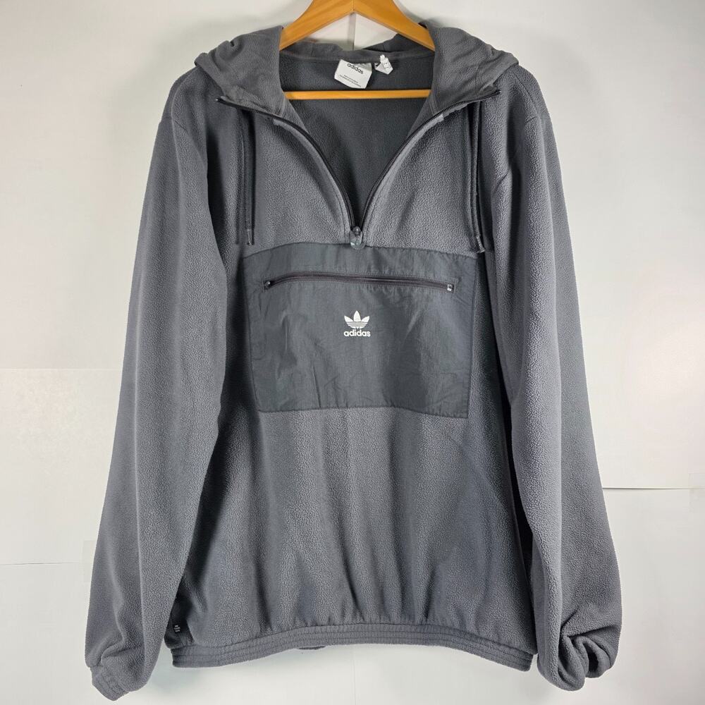 Adidas Mens Large Fleece 1/4 zip Pullover Hooded Sweatshirt Zip Pocket Gray